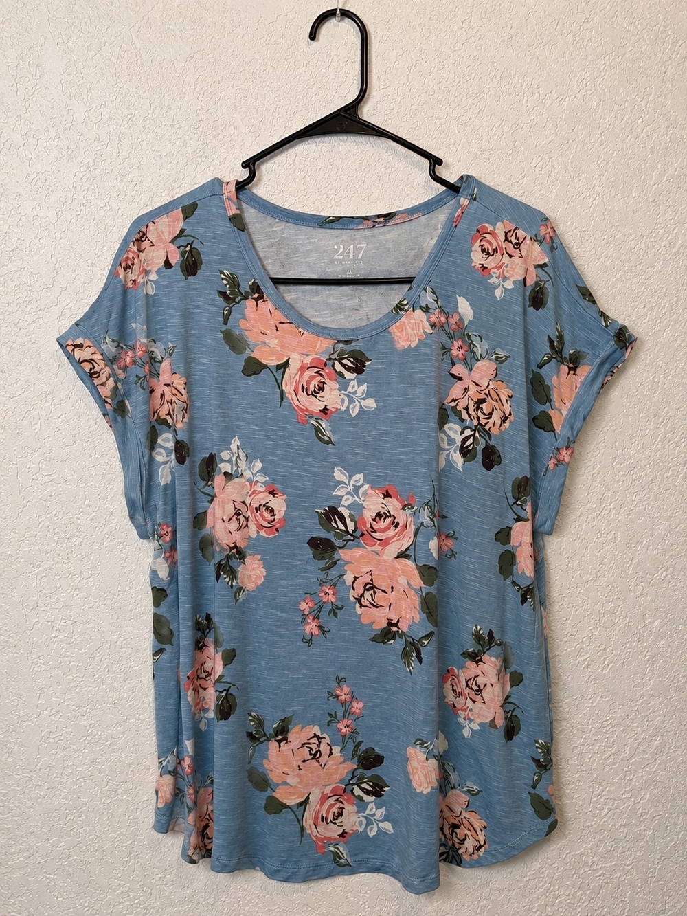 Maurices Blue Tee with Pink Rose Print